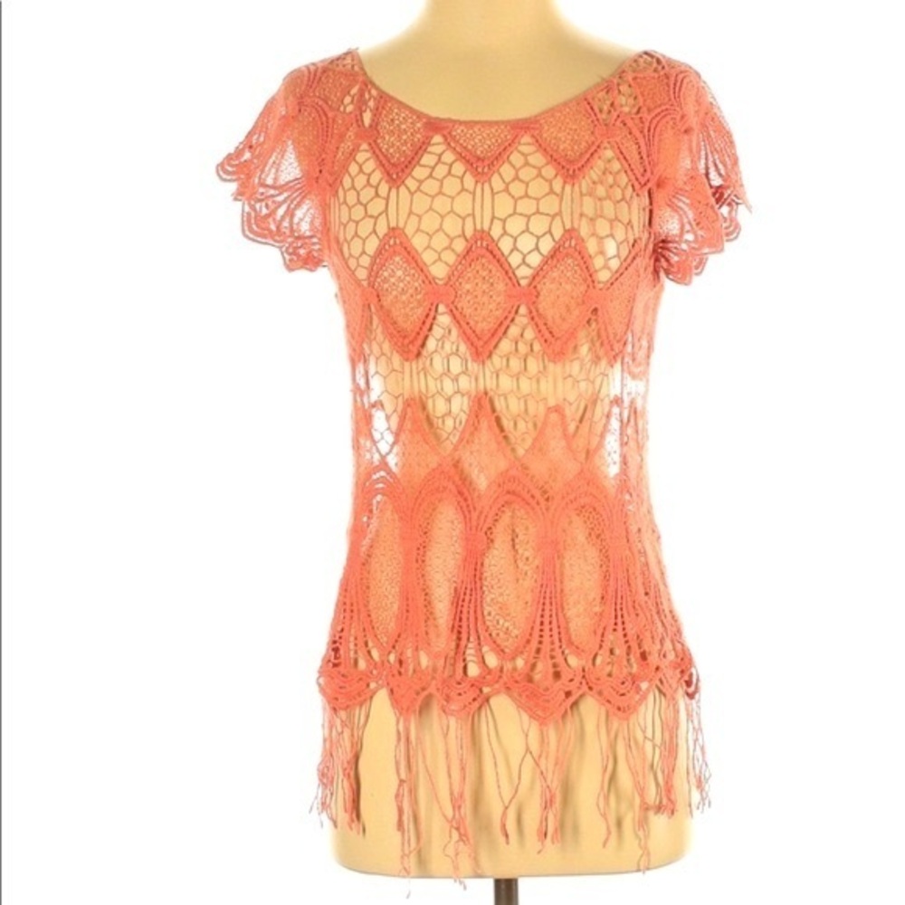 Pinky S coral BOHO crochet fringe short sleeve top